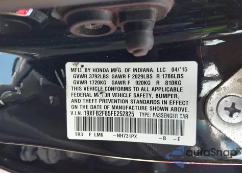 2015 Honda Civic Ex from USA, damaged, VIN 19XFB2F85FE252825